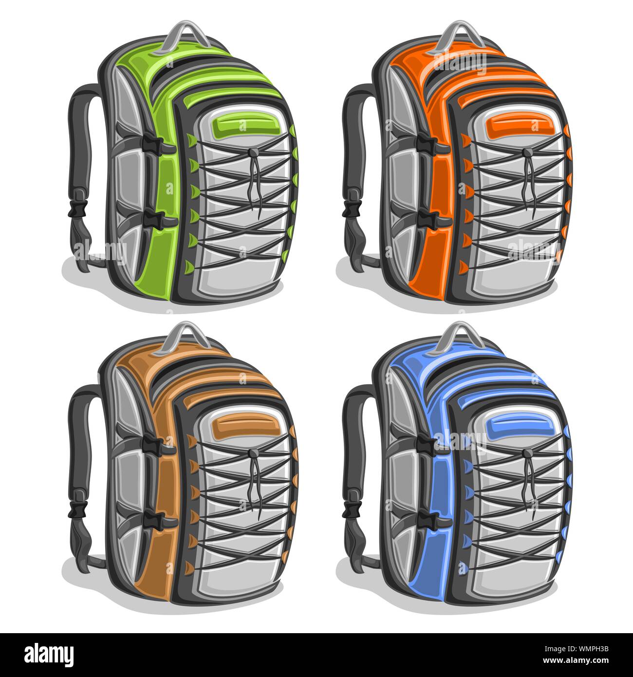 Vector set of colorful touristic Backpacks isolated on white. Stock Vector