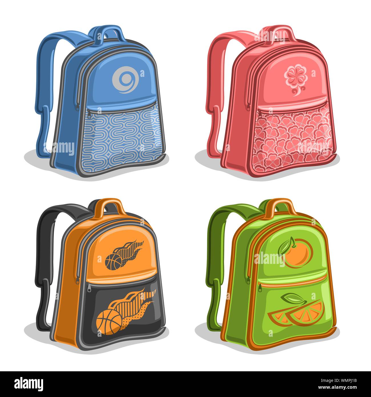 Vector set of colorful kids Backpacks isolated on white. Stock Vector