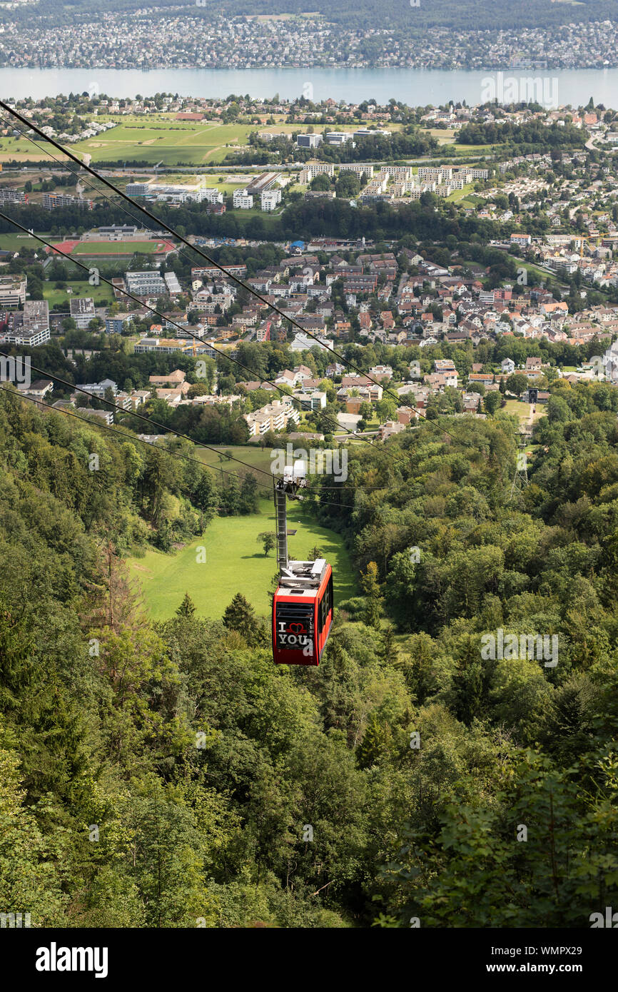 The cable car at Luftseilbahn Adliswil-Felsenegg south of Zurich, Switzerland. Stock Photo
