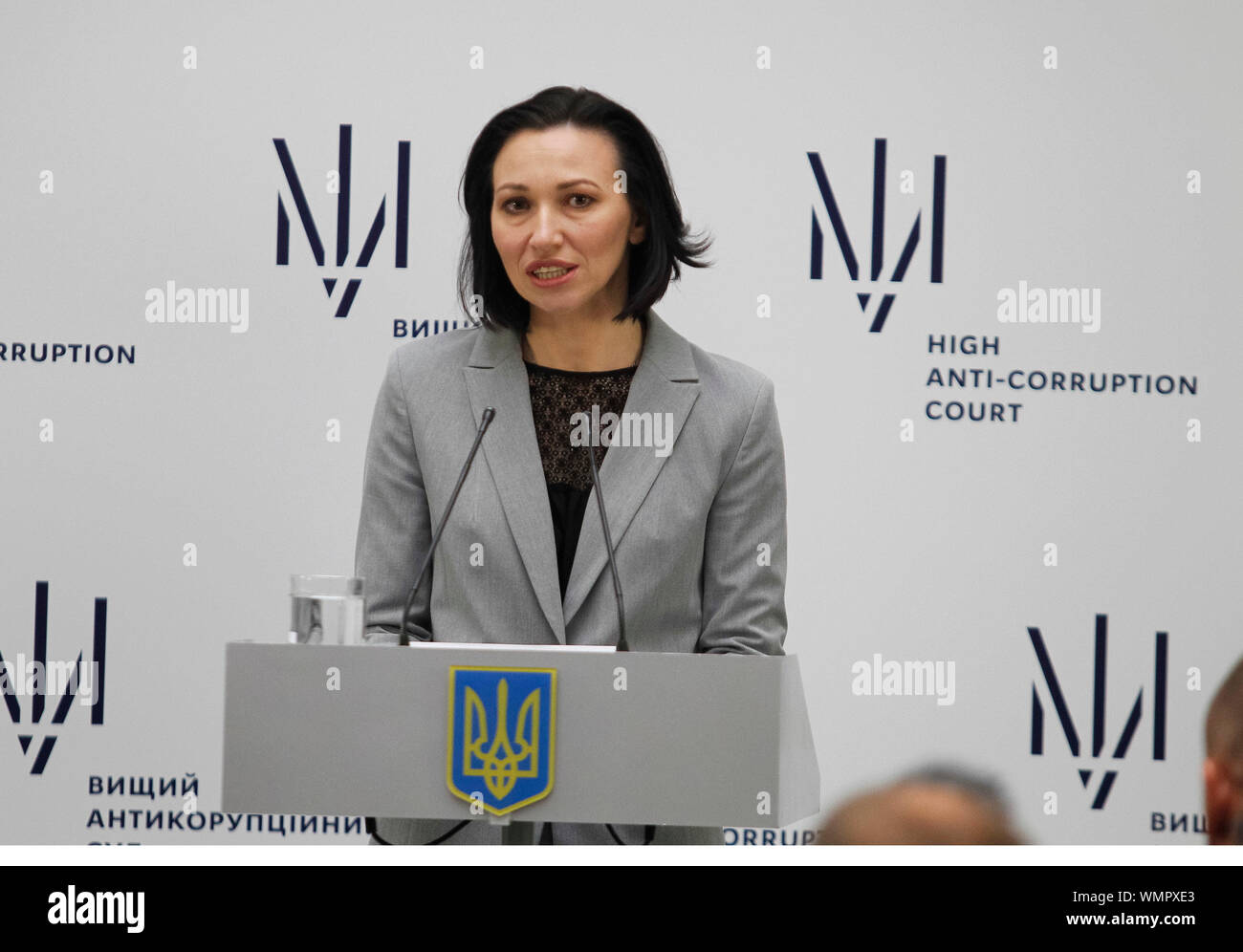 Judge Olena Tanasevych speaks during the launch of the High Anti-Corruption court in Kiev, Ukraine. Stock Photo