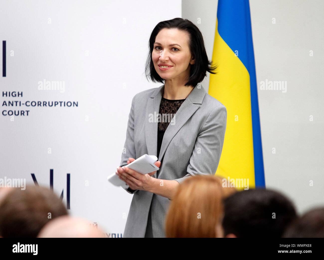 Judge Olena Tanasevych smiles during the launch of the High Anti-Corruption court in Kiev, Ukraine. Stock Photo