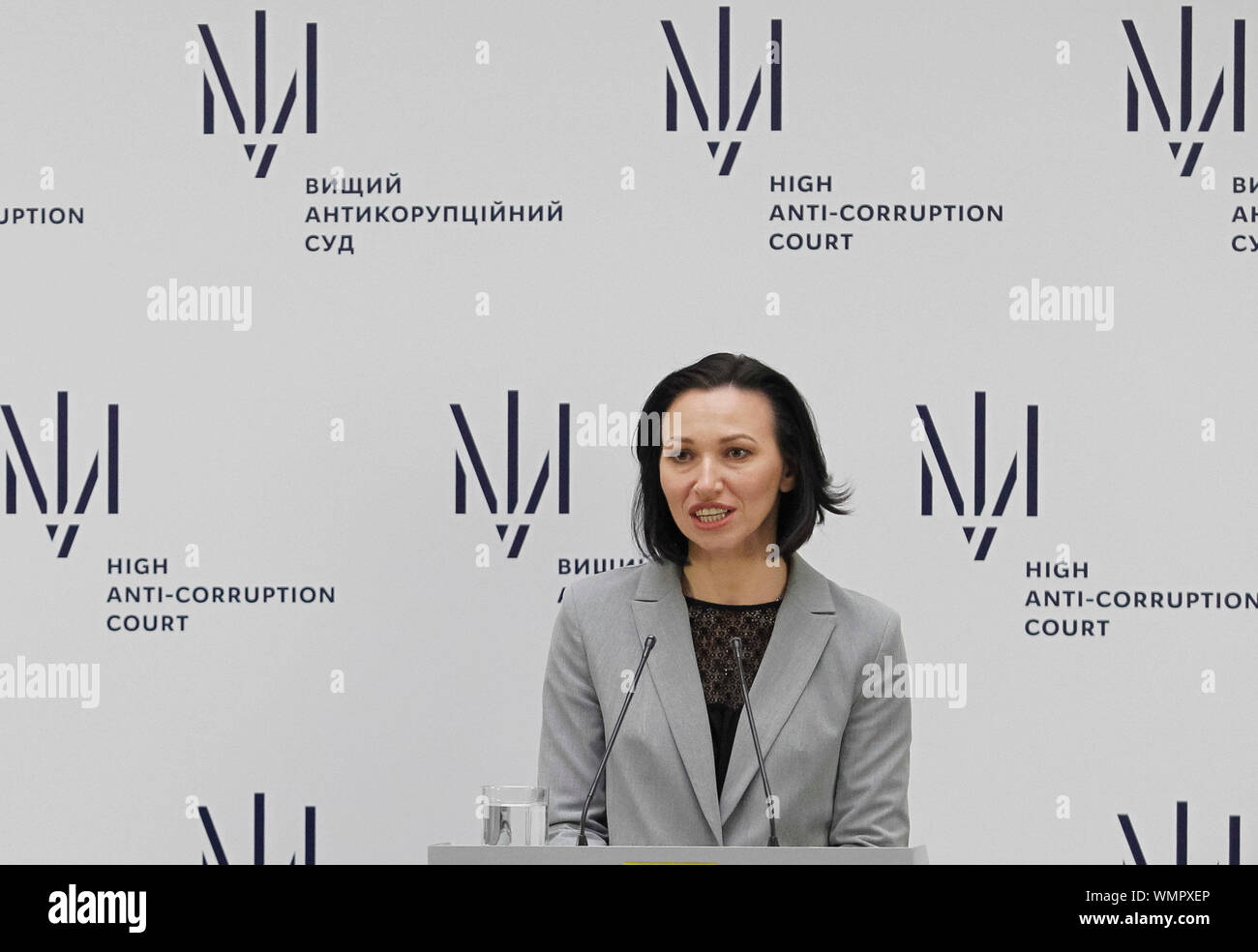 Judge Olena Tanasevych speaks during the launch of the High Anti-Corruption court in Kiev, Ukraine. Stock Photo