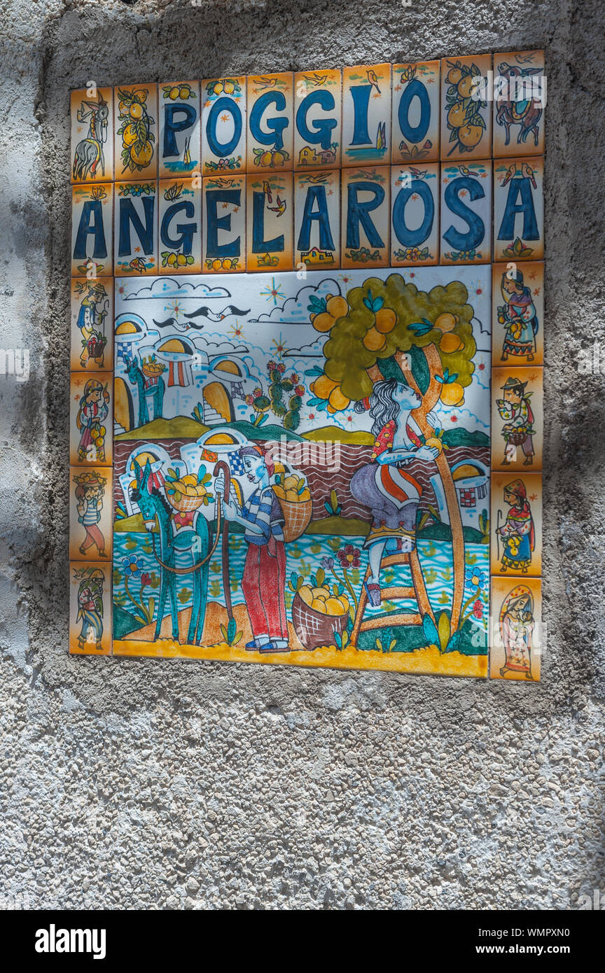 Borgo Pontone  near Amalfi mark the buildings with decorated tiles Stock Photo