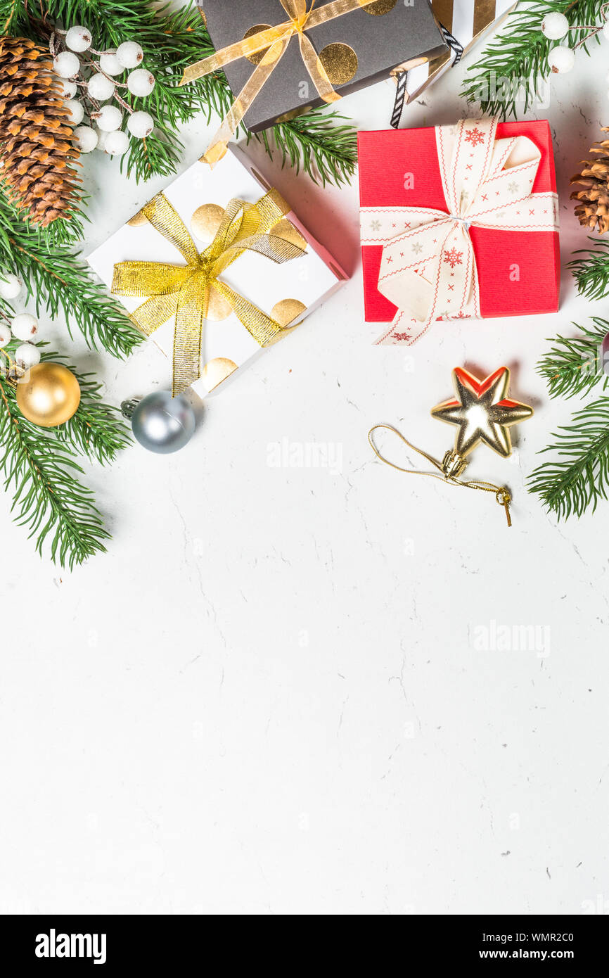 Christmas background with Gold present box and decorations Stock Photo