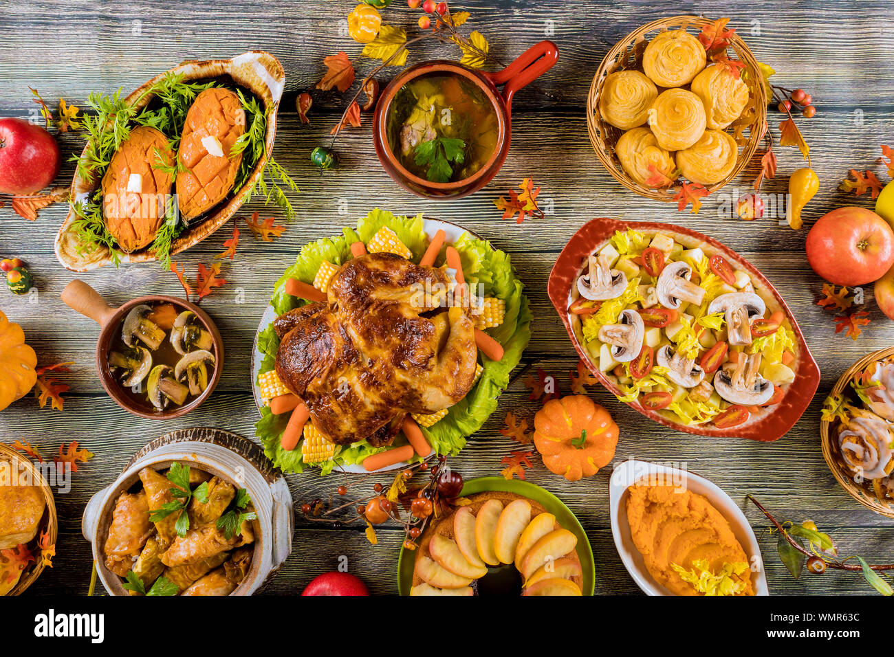 Thanksgiving Day. Dinner with turkey and a lot of delicious food. Stock Photo