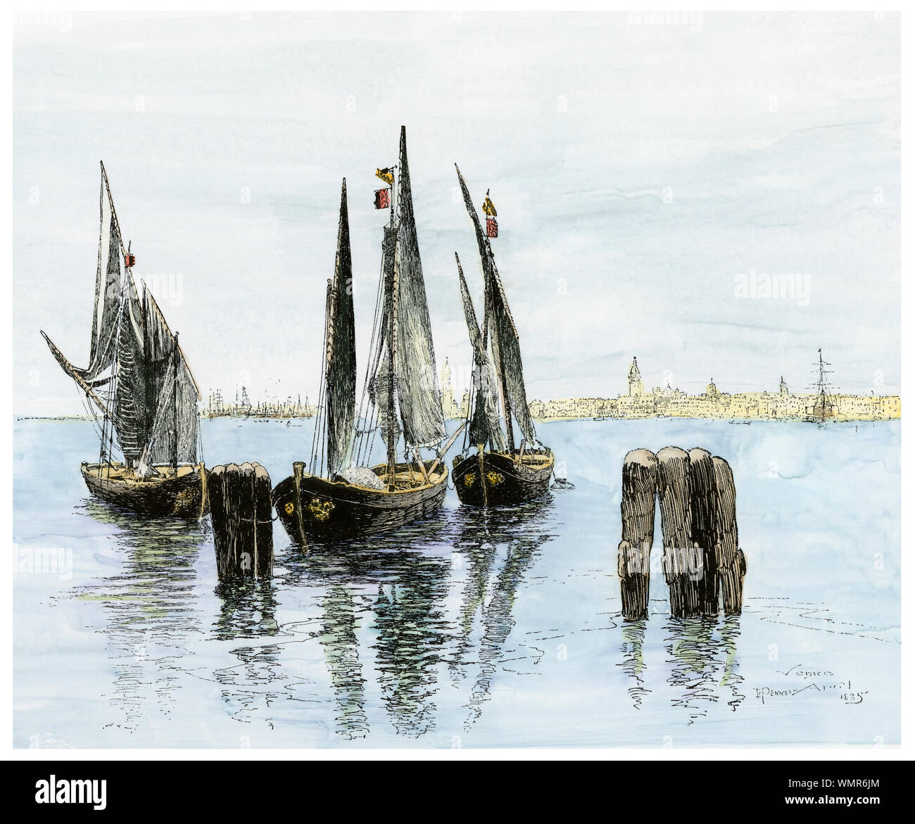 Fishing boats moored off the public garden, Venice, circa 1890. Hand-colored woodcut Stock Photo