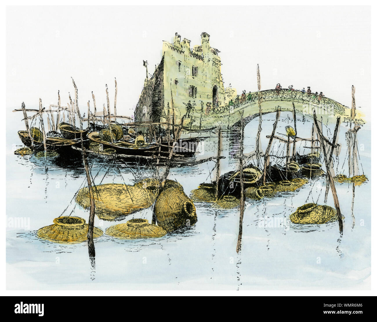 Fish baskets in the water, Venice, circa 1890. Hand-colored woodcut Stock Photo