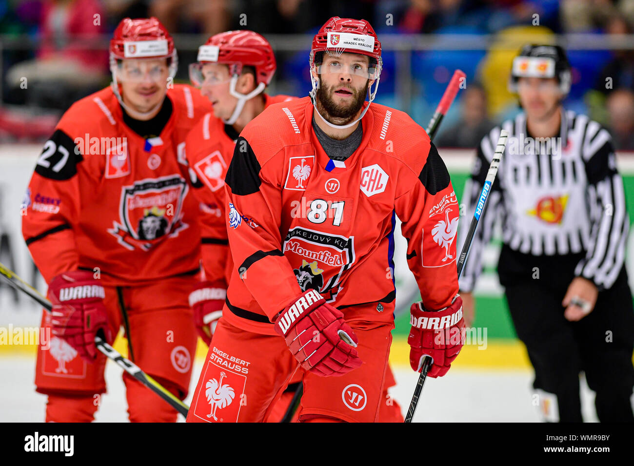 From left hockey player TOMAS VINCOUR of Hradec Kralove in action during  the Champions Hockey League H group game: Hradec Kralove vs Cardiff Devils  in Hradec Kralove, Czech Republic, September 5, 2019. (