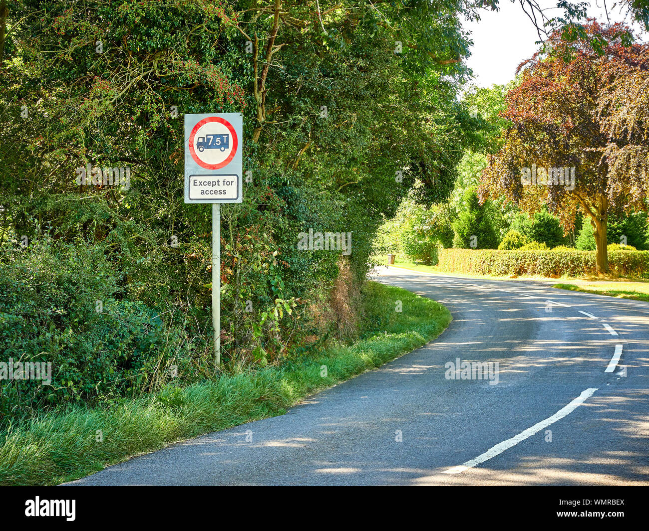 A 7.5T except for access circular weight limit sign with a red border at the side of Clipsham Road between, Clipsham, Rutland and Castle Bytham, Lincs Stock Photo