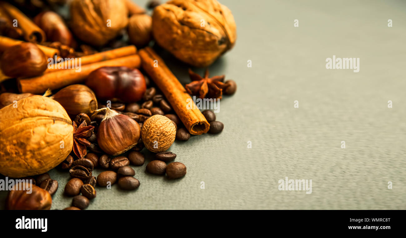 Fall spices and nuts with cinnamon sticks, nutmeg, coffee beans, anise, walnuts and chestnuts Stock Photo