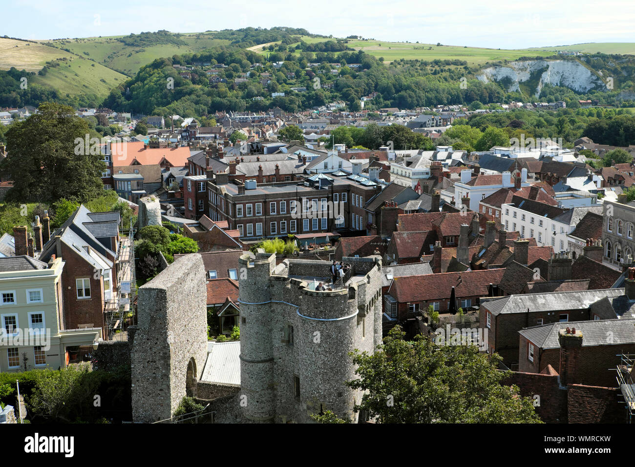 View from Lewes Castle South Tower over Barbican tower gatehouse, town houses and South Downs countryside landscape in Sussex England UK  KATHY DEWITT Stock Photo