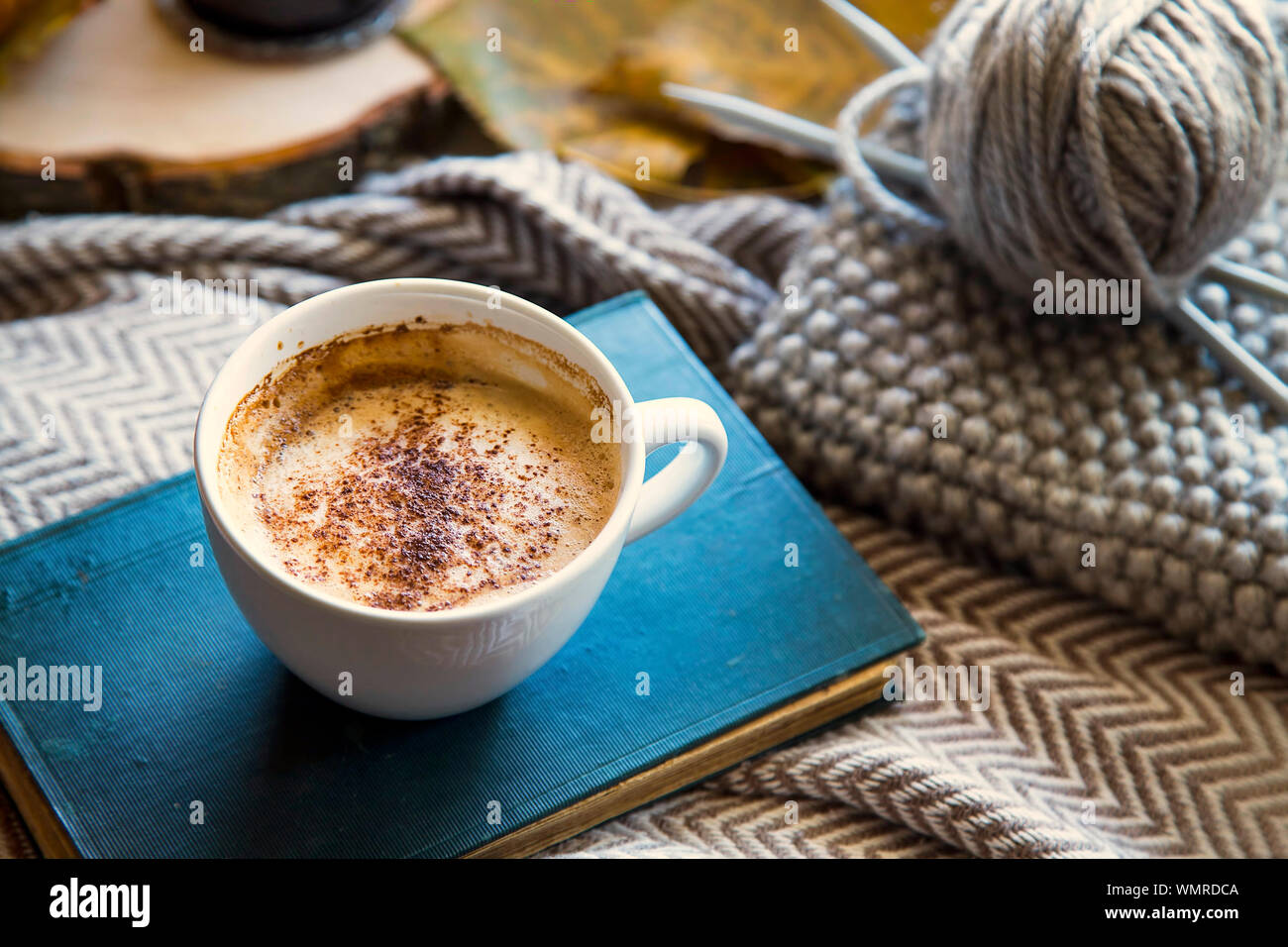 Autumn coffee cup with book and knitting wool and needles, cozy fall