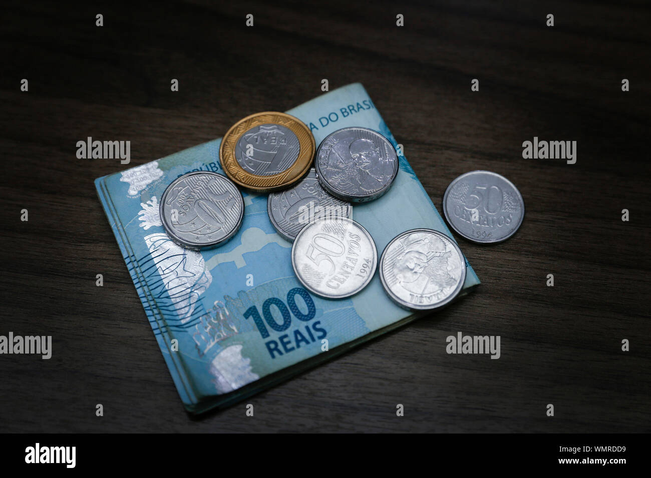 Money from Brazil, notes of Real, Brazil BRL banknote, Brazilian currency, economy and business. Stock Photo