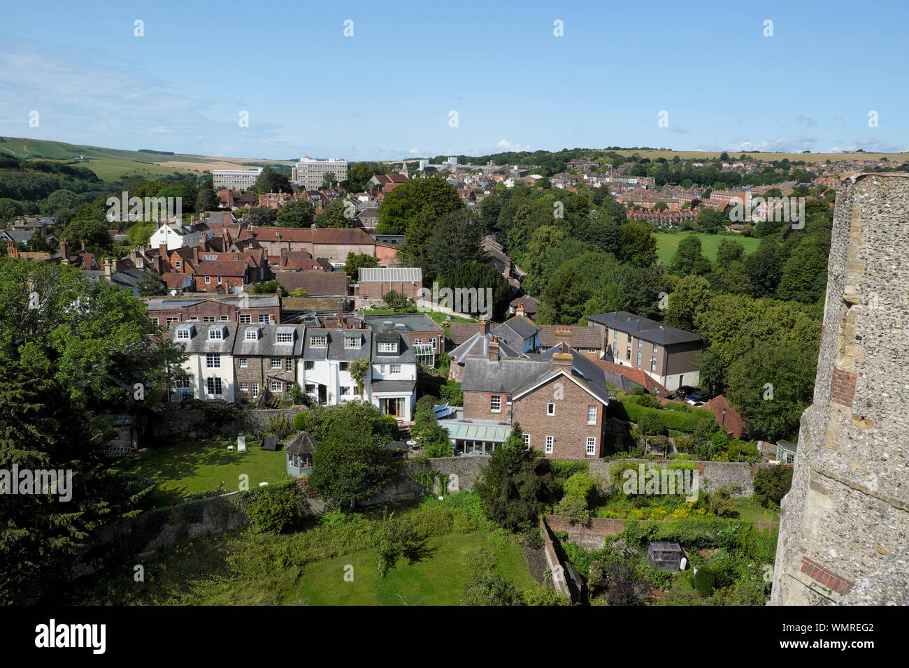View over Lewes town houses, homes, housing, gardens and countryside landscape from Lewes Castle South Tower in Sussex England UK  KATHY DEWITT Stock Photo