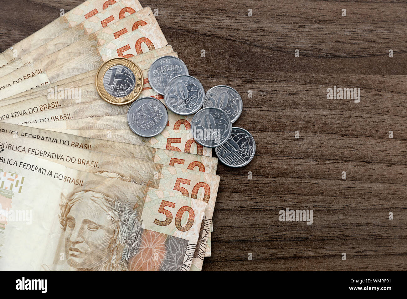 Money from Brazil, notes of Real, Brazil BRL banknote, Brazilian currency, economy and business. Stock Photo