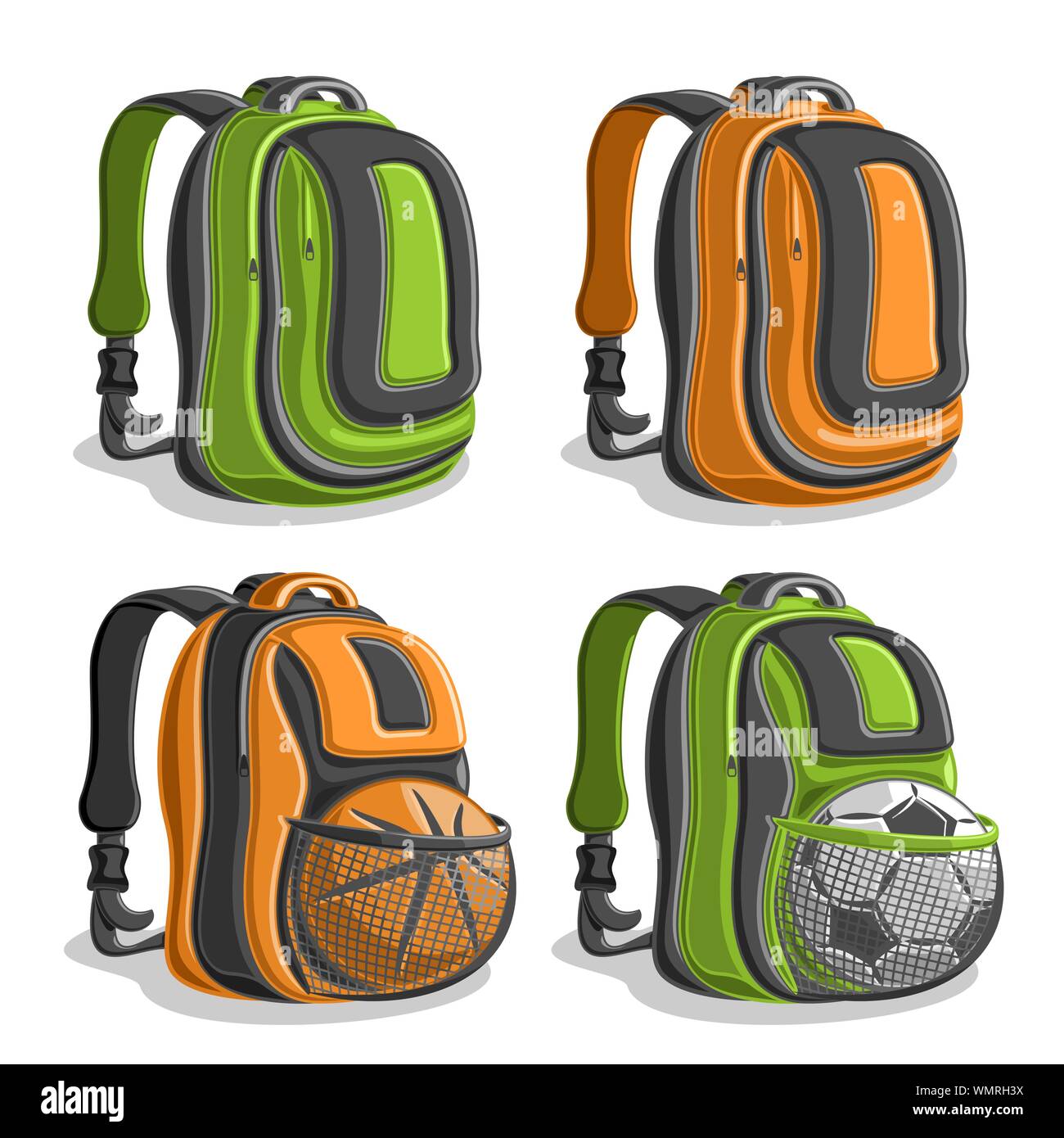 Vector set of sports Backpacks isolated on white. Stock Vector