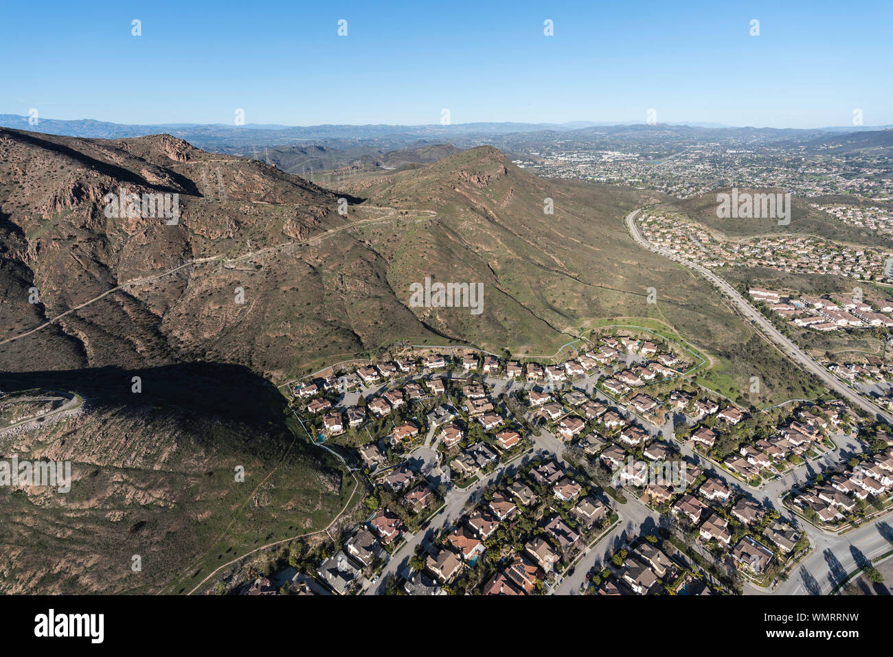 Aerial view of hills and homes in suburban Newbury Park near Los Angeles, California. Stock Photo