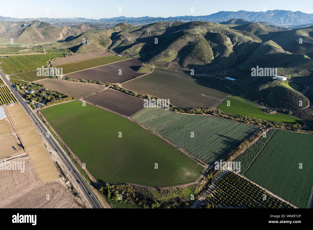 Aerial view of Santa Rosa Valley farm fields and citrus groves in