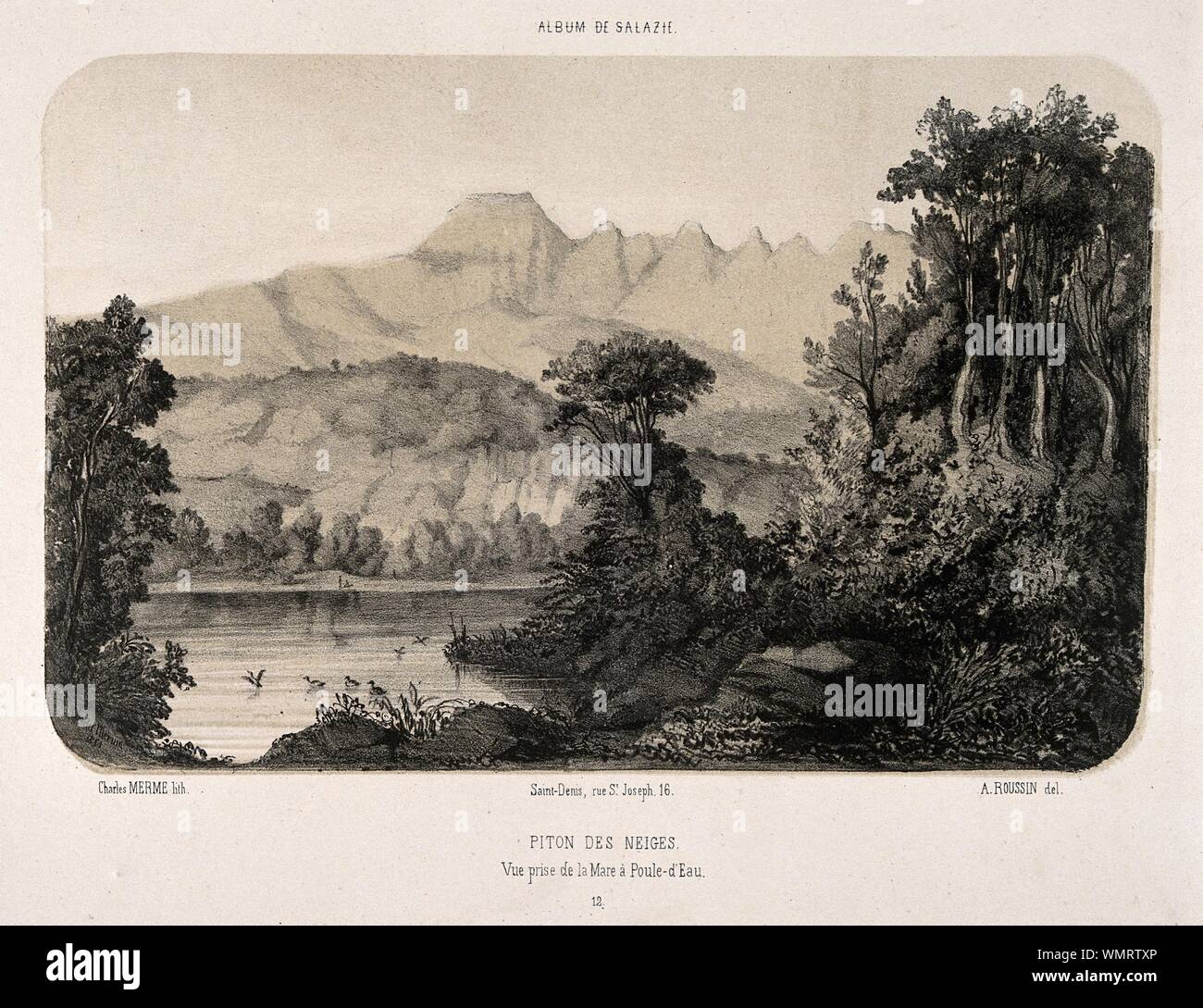 Slazie, Runion Islands the mountains and moorhen pond. Tinted lithograph by C. Merme, 1831, after A. Roussin..jpg - WMRTXP Stock Photo