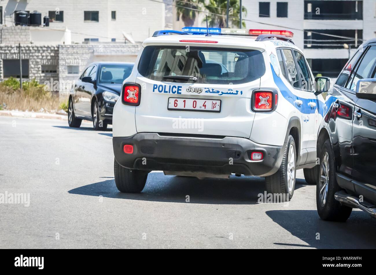 RAMALLAH, PALESTINE. August 31, 2019. Palestinian traffic police car in the downtown Ramallah
