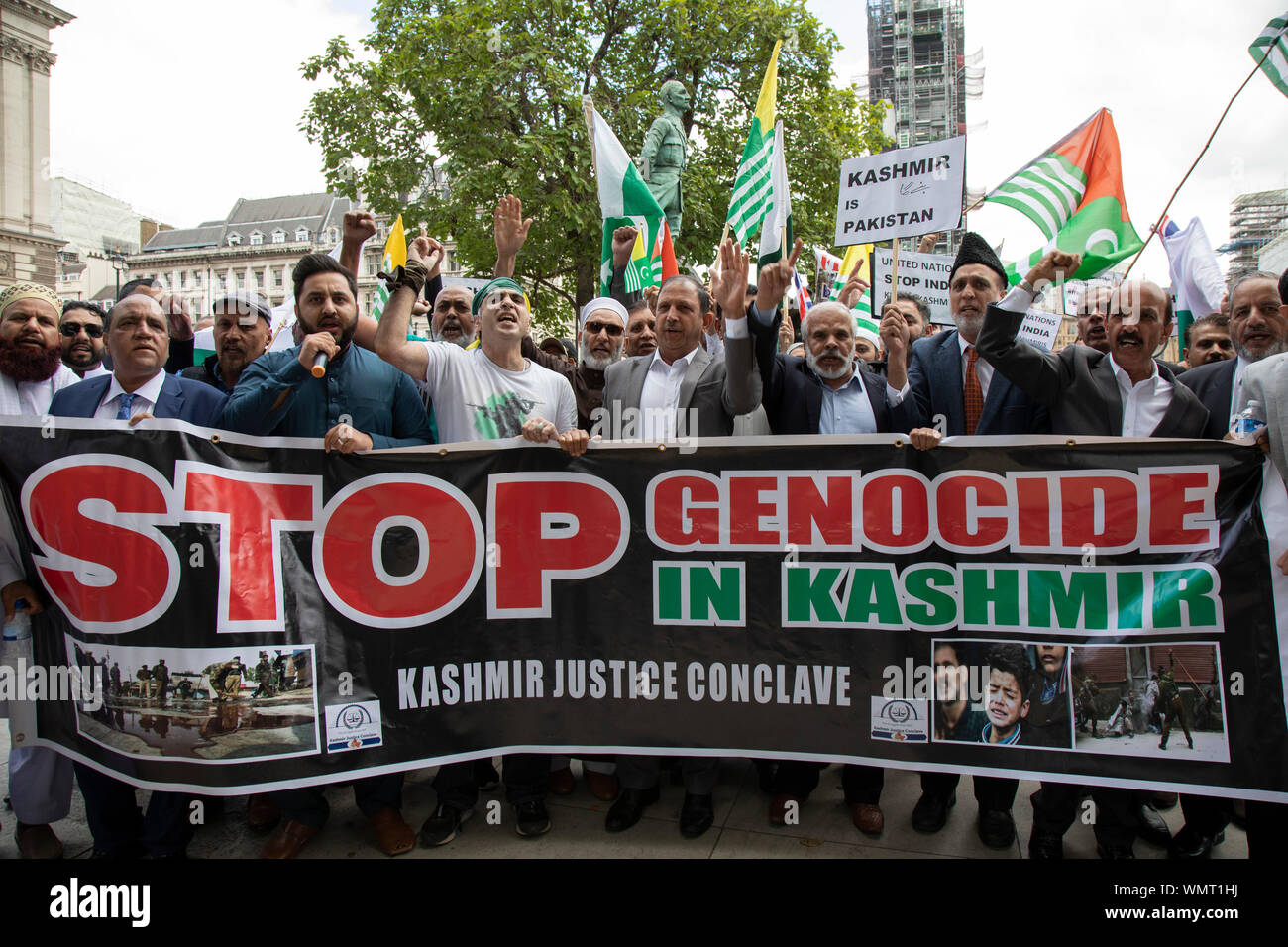 Demonstration to free Kashmir in Westminster on 3rd September 2019 in London, United Kingdom. Kashmiris waving flags gathered in Parliament Square in protest at Indian Prime Minister Narendra Modi’s removal of the special autonomous region rights of Kashmir. Stock Photo