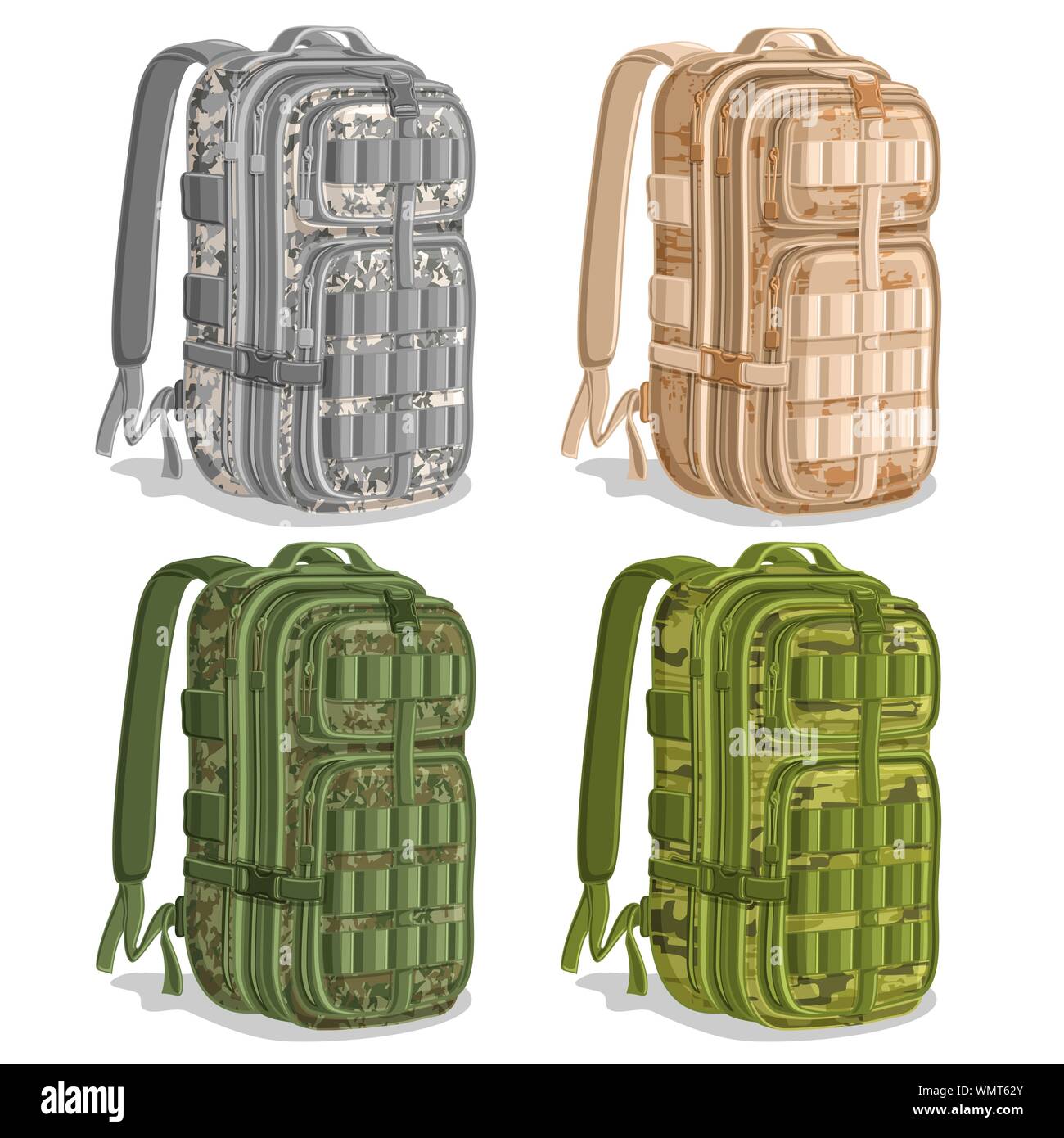 Vector set of camouflage Backpacks isolated on white. Stock Vector