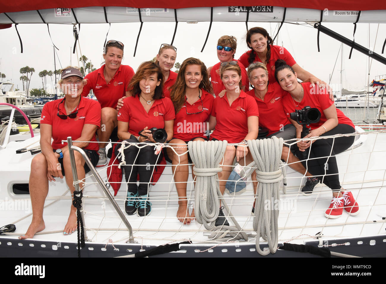 September 1, 2019, Marina Del Rey, California, USA: (L-R): Belle Henry, Sabrina Perell, Ash Perrin, Kellie Ann Taylor, Wendy Tuck, Amalia Infante, Courtney Koos, Erica Lush, Lindsay Rosen, Rachel Ross are the crew for The Maiden arriving at Marina del Rey for The Maiden Factor World for Tracy Edwards and for Girls' Education. (Credit Image: © Billy Bennight/ZUMA Wire) Stock Photo