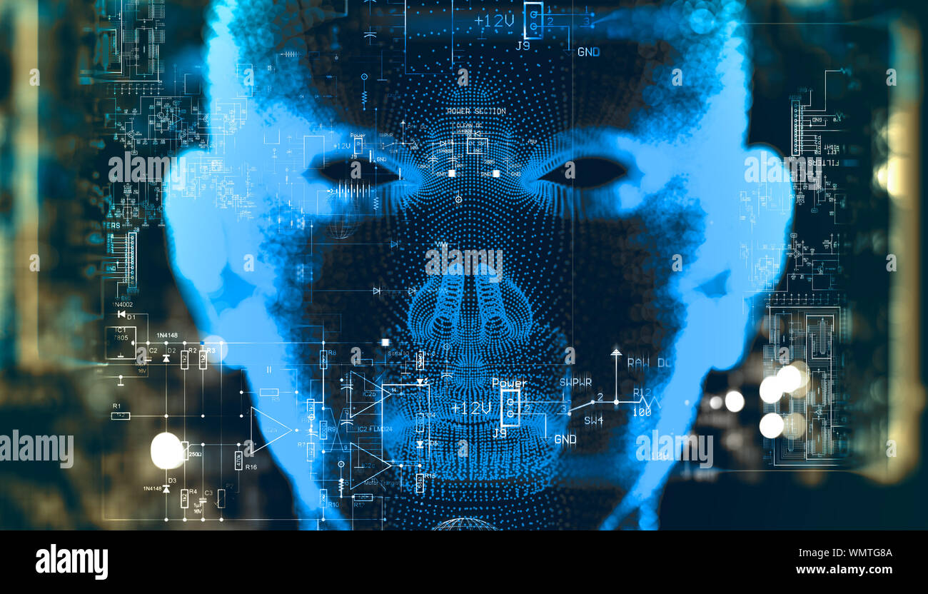 Abstract background of cyborg face and technology.Big data and learning machine.Algorithm programming and artificial intelligence concept.Biometrics. Stock Photo