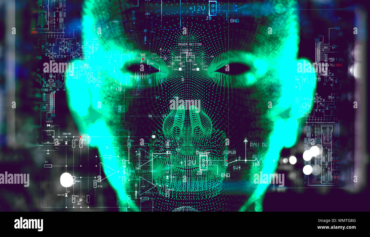 Abstract background of cyborg face and technology.Big data and learning machine.Algorithm programming and artificial intelligence concept.Biometrics. Stock Photo