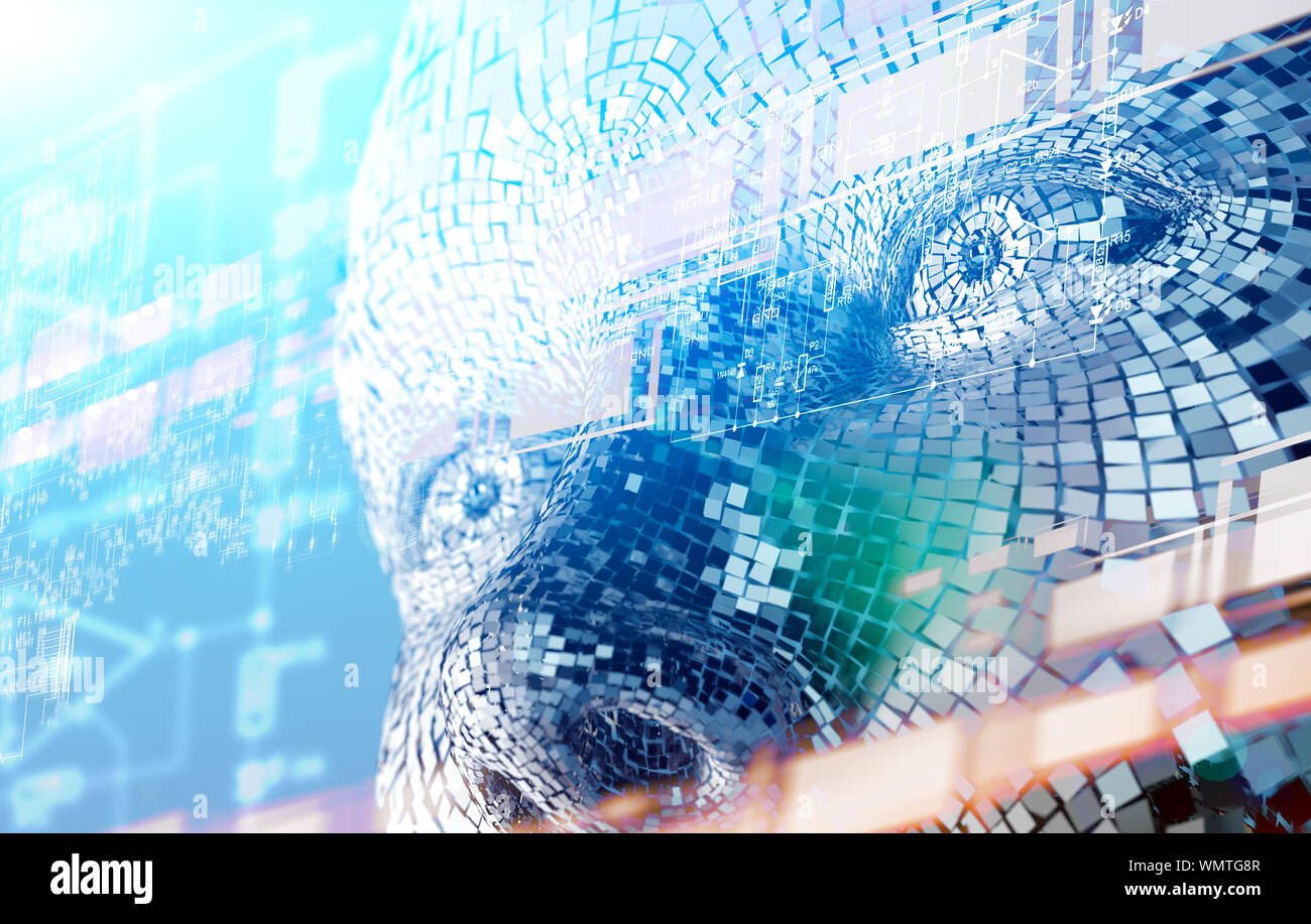 Abstract background of cyborg face and technology.Big data and learning machine.Algorithm programming and artificial intelligence concept.Biometrics. Stock Photo