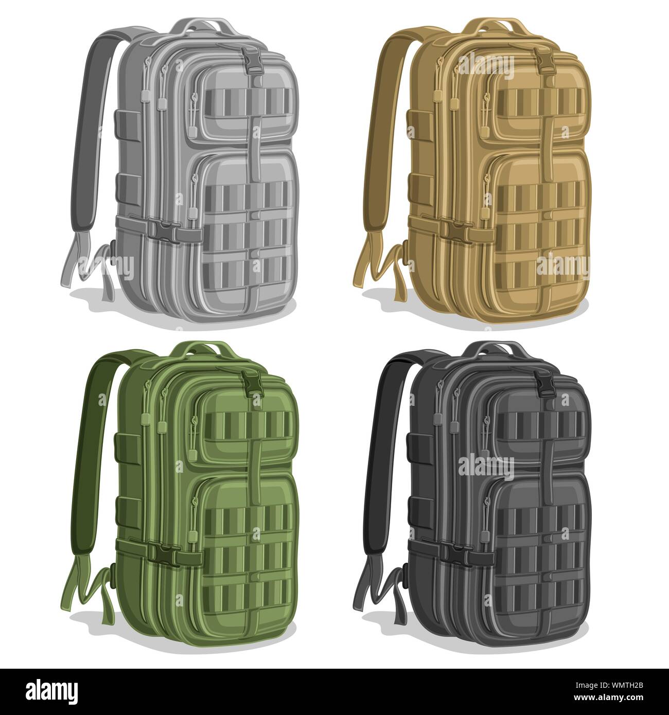 Vector set of Military Backpacks isolated on white. Stock Vector