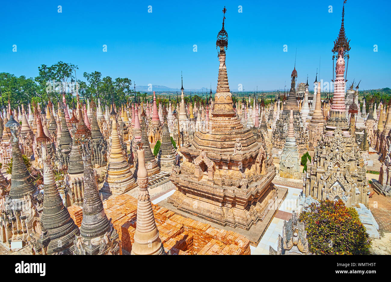 The top view of historical Kakku Pagodas, decorated with reliefs, carved patterns, sculptures of Nats and mythical creatures, Myanmar Stock Photo