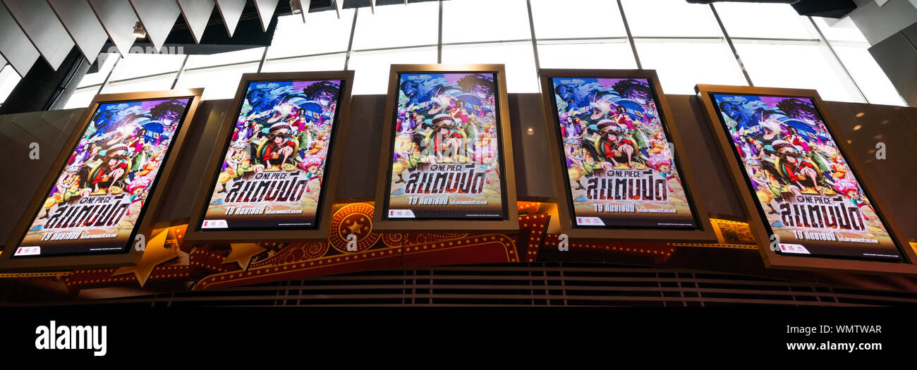 Bangkok, Thailand - Sep 3, 2019: One Piece Stampede anime movie display on LED screens. Japanese manga movie advertisement, cinema theatre promotional Stock Photo