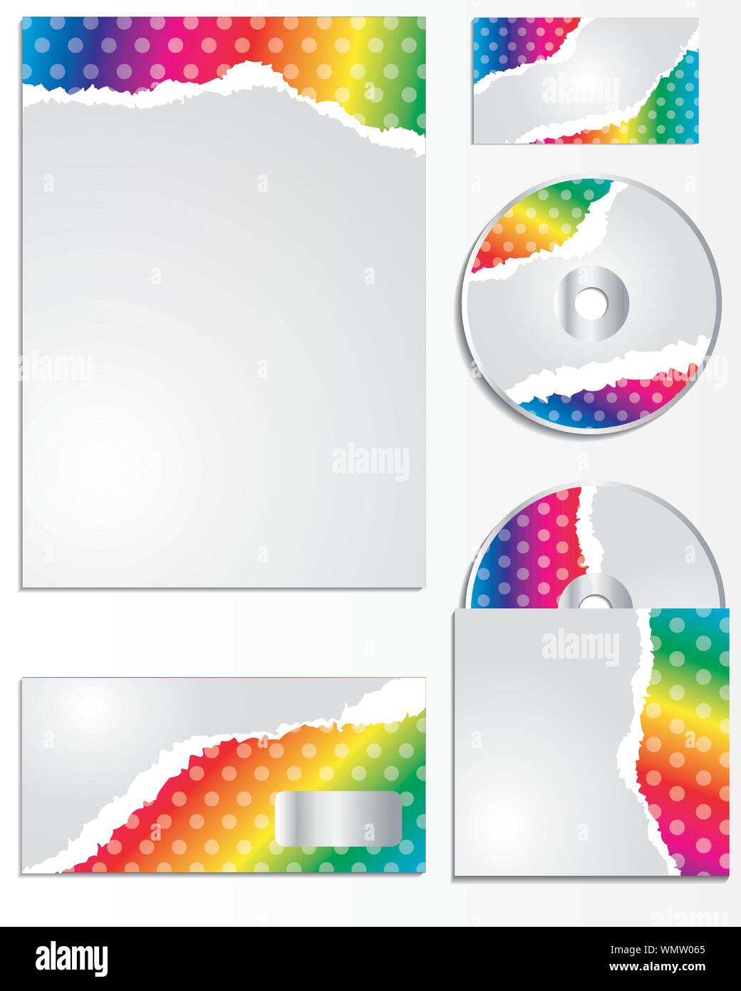 Rainbow colored torn paper business set Stock Vector