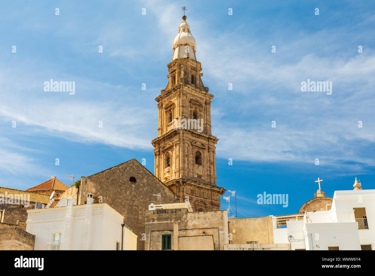 Italy, Apulia, Metropolitan City of Bari, Monopoli. Steeple of the Basilica Madonna Della Madia. Stock Photo