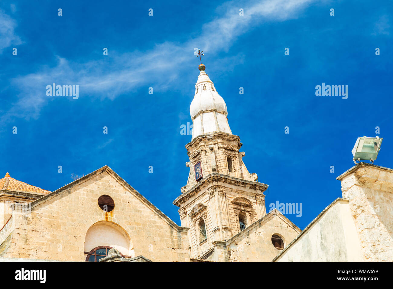 Italy, Apulia, Metropolitan City of Bari, Monopoli. Steeple of the Basilica Madonna Della Madia. Stock Photo