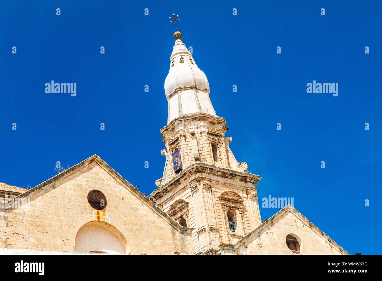 Italy, Apulia, Metropolitan City of Bari, Monopoli. Steeple of the Basilica Madonna Della Madia. Stock Photo