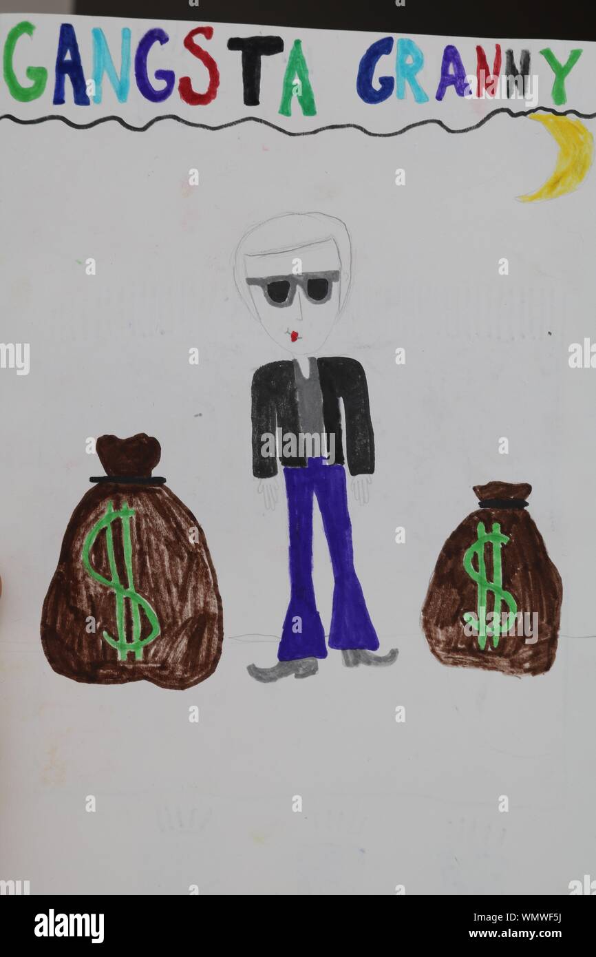 Child's hand drawn card featuring Gangsta Granny and two money bags with dollar signs on them Stock Photo