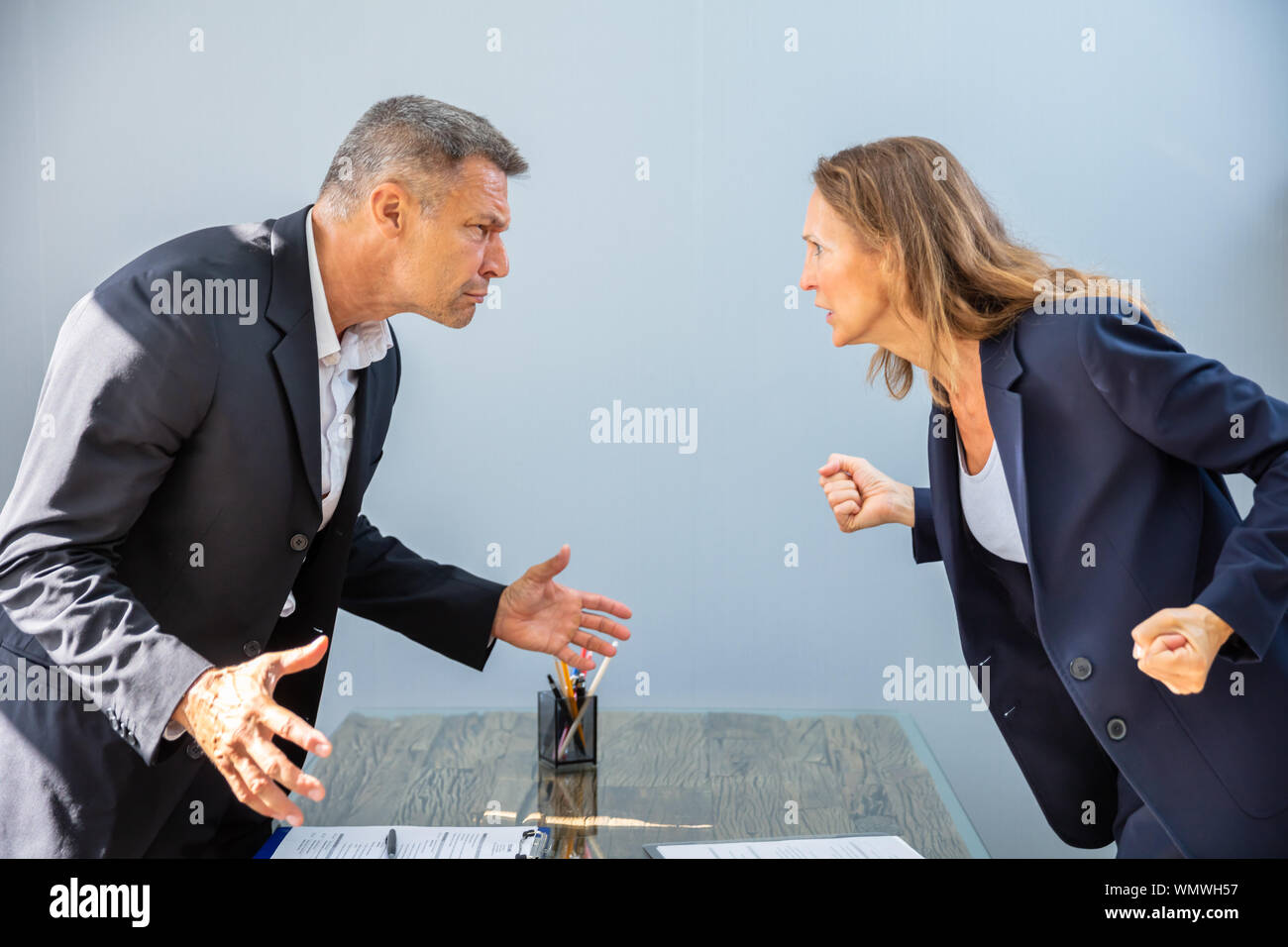 Side View Of Two Angry Mature Businesspeople Looking At Each Other Standing Face To Face Stock Photo