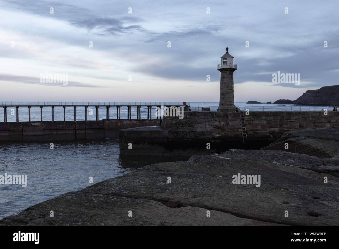 Whitby lighthouse and seagull. Seaside at north york moors. Grey autumn day Stock Photo