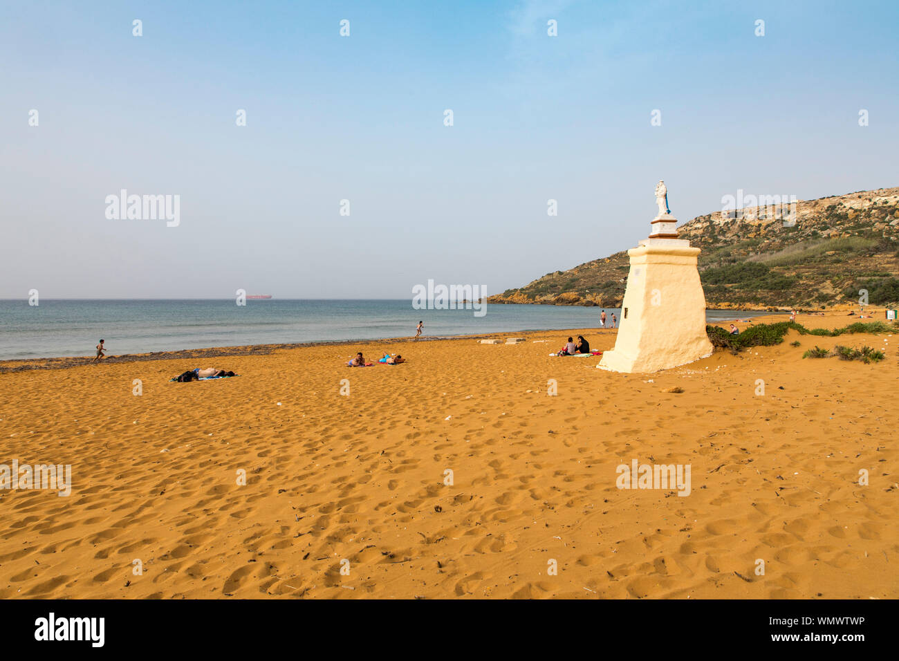 Gozo, neighbouring island of Malta, beach in the Ramla Bay, only bigger sandy beach of the island, Stock Photo