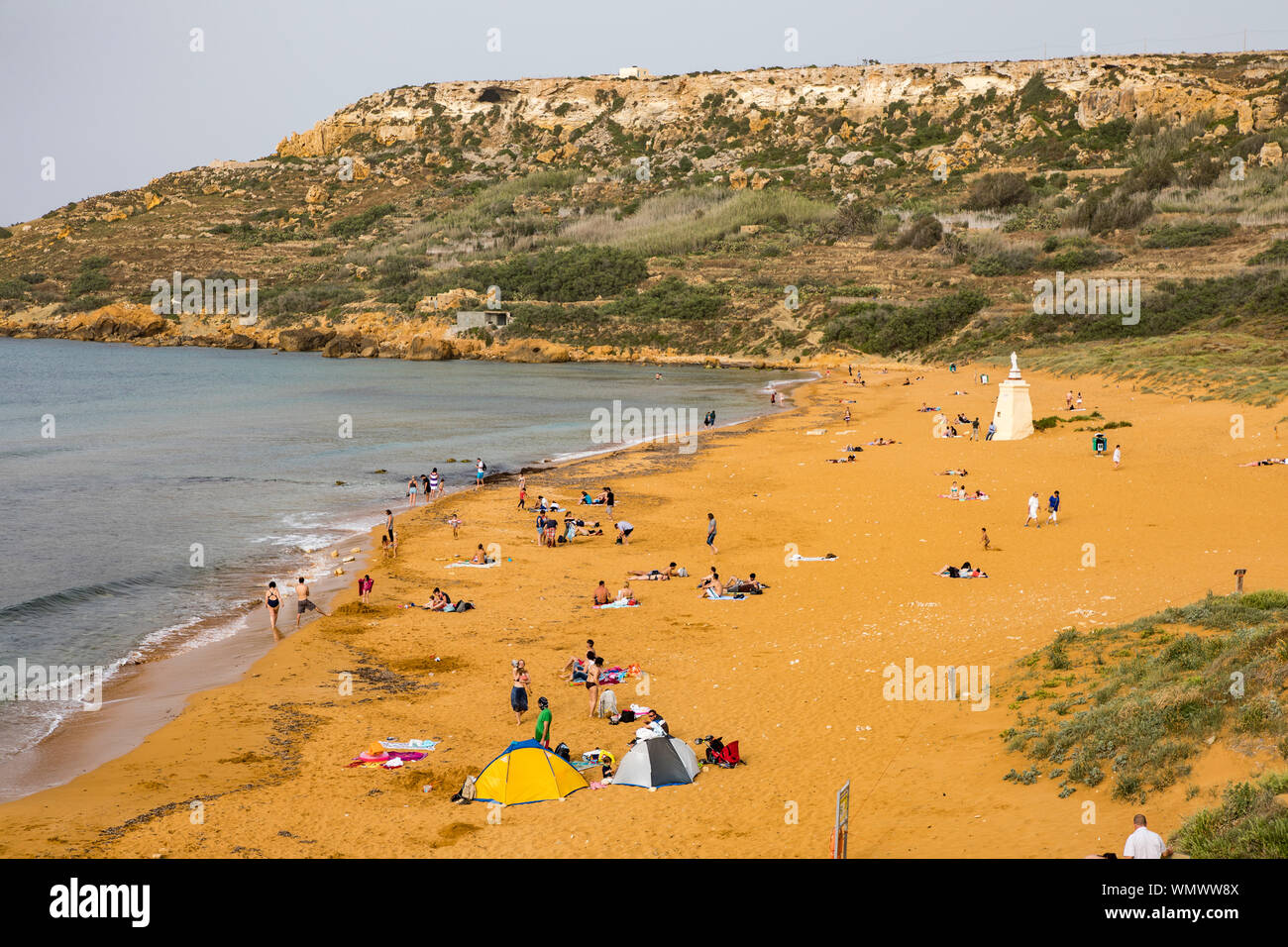 Gozo, neighbouring island of Malta, beach in the Ramla Bay, only bigger sandy beach of the island, Stock Photo