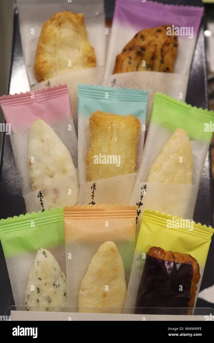Japanese biscuits individually wrapped for giving as presents Stock Photo
