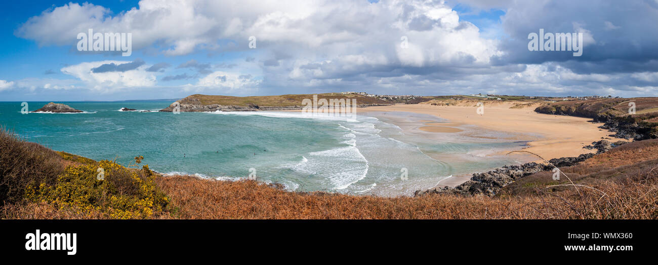 Panorama overlooking the Crantock Beach from West Pentire near Newquay Cornwall England UK Europe Stock Photo