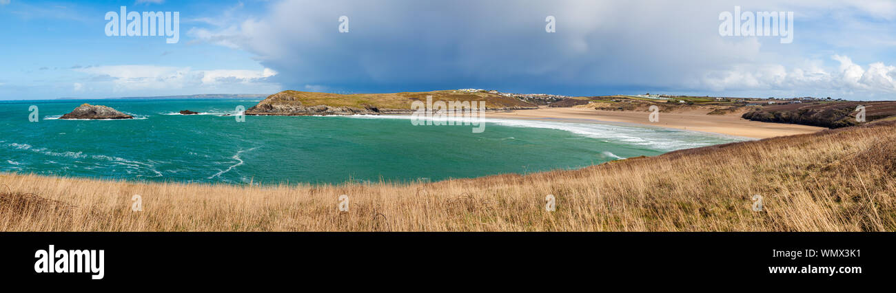 Panorama overlooking the Crantock Beach from West Pentire near Newquay Cornwall England UK Europe Stock Photo