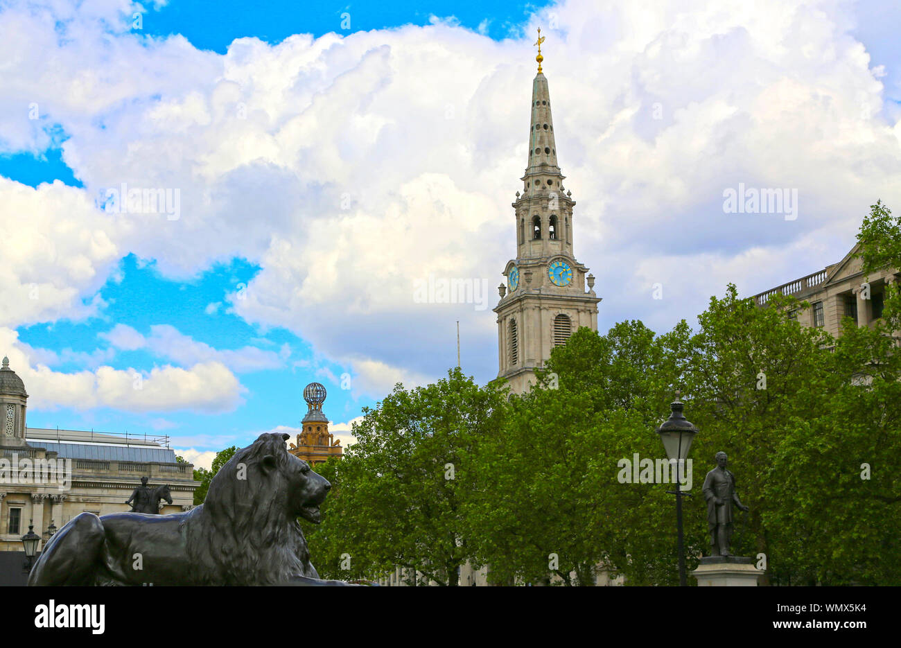 London, Great Britain -May 23, 2016: the bronze Lion statue at Nelson's Column by Sir Edwin Landseer, Trafalgar Square Stock Photo