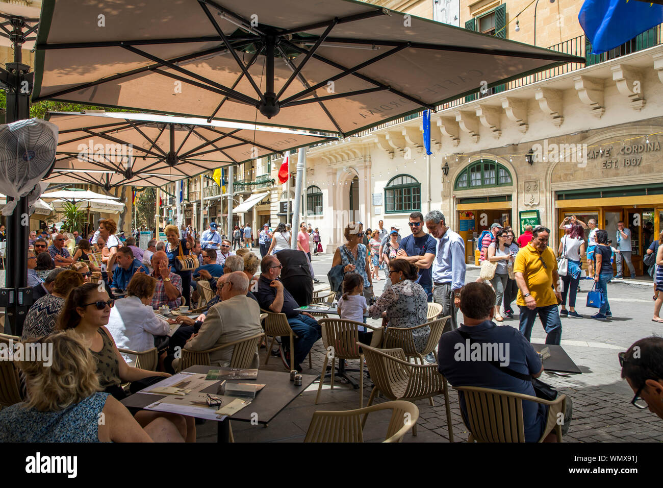 Malta, Valetta, Old Town, Republic Square, Restaurants, Stock Photo