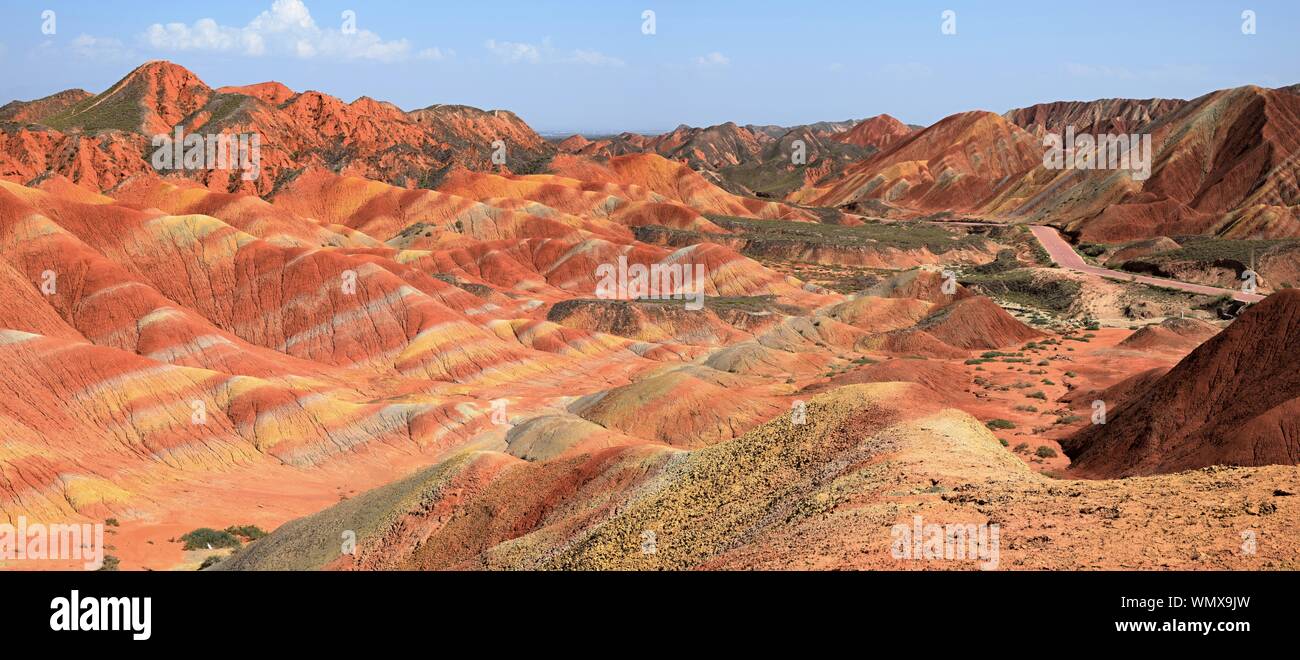 The Zhangye National Geopark in Gansu province in China is known for the unusual colours of the rocks, which are smooth, sharp and several hundred met Stock Photo
