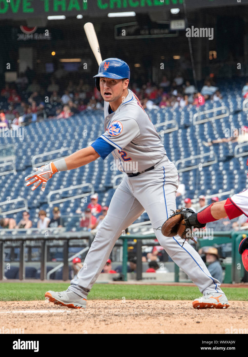 Washington, United States Of America. 04th Sep, 2019. New York Mets second baseman Joe Panik (2) bats in the seventh inning against the Washington Nationals at Nationals Park in Washington, DC on Wednesday, September 4, 2019. The Mets won the game 8 - 4.Credit: Ron Sachs/CNP (RESTRICTION: NO New York or New Jersey Newspapers or newspapers within a 75 mile radius of New York City) | usage worldwide Credit: dpa/Alamy Live News Stock Photo