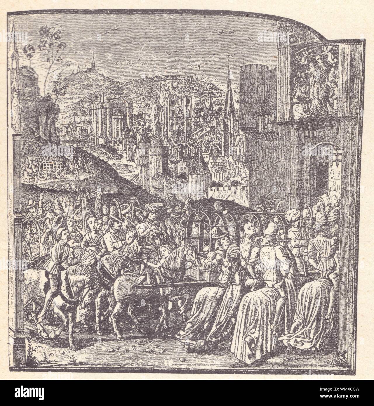 Entrée d'Isabeau de Bavière à Paris. Miniature de Philippe de Mazerolles ornant un manuscrit de Froissart Stock Photo